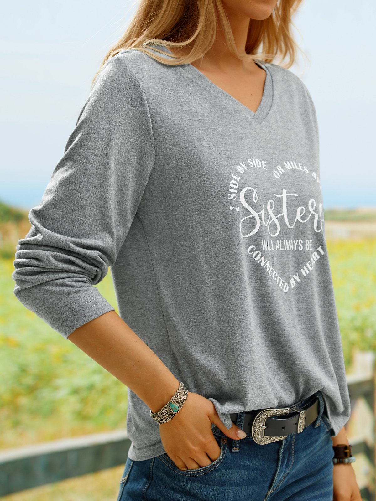 Women Sister Text Letters Regular Fit Casual V Neck T-Shirt