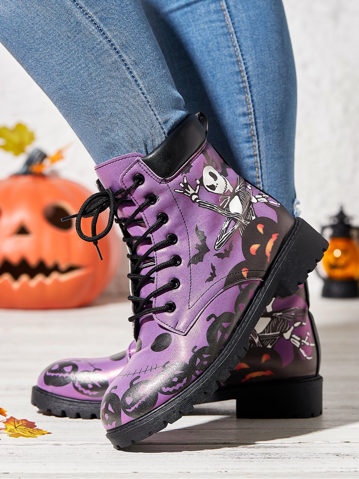 Halloween Skull Pumpkin Bat Purple Upper Boots