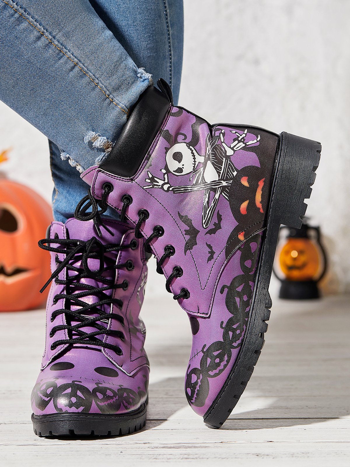 Halloween Skull Pumpkin Bat Purple Upper Boots