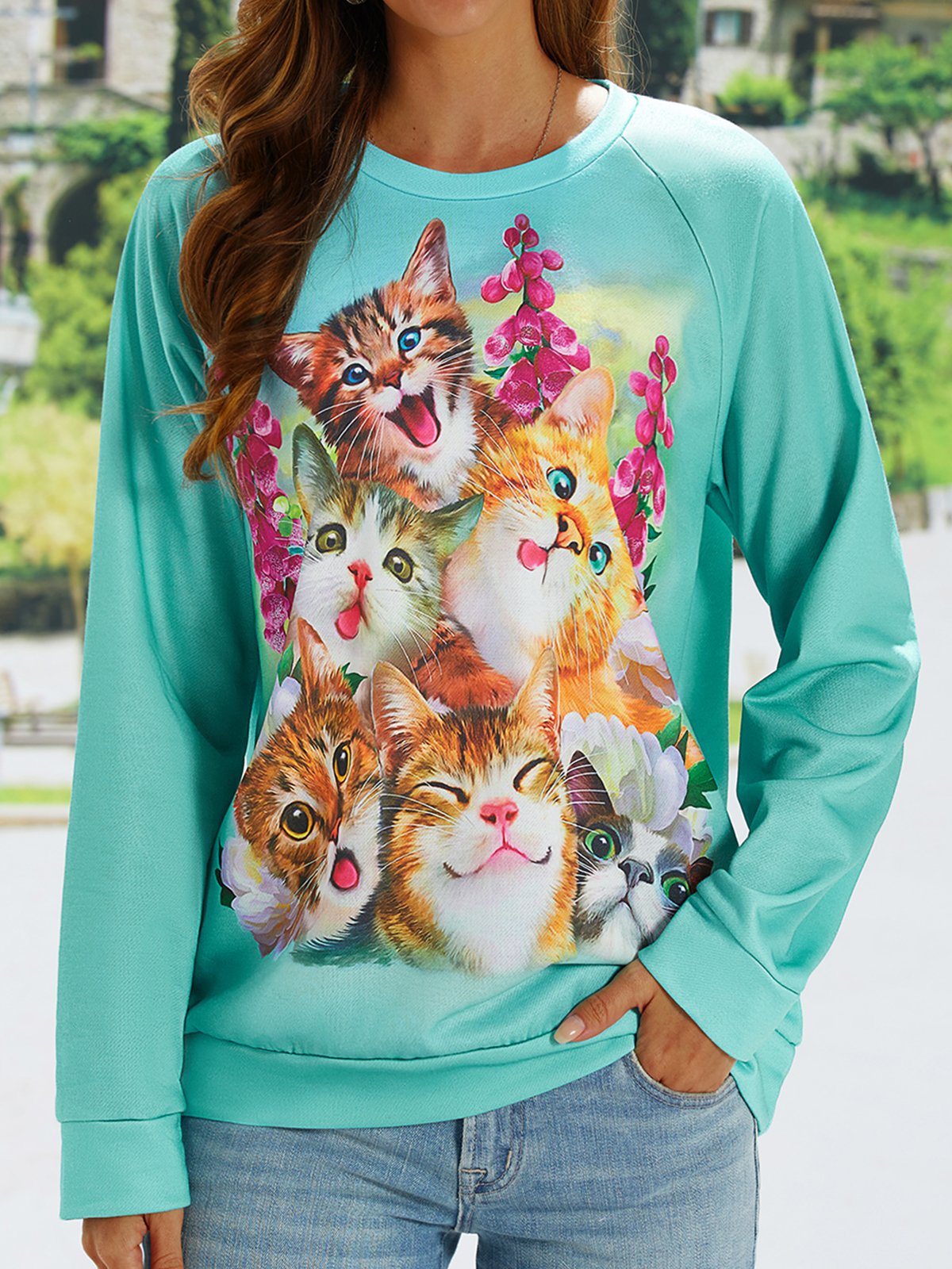 Casual Cat Crew Neck Loose Floral Sweatshirt