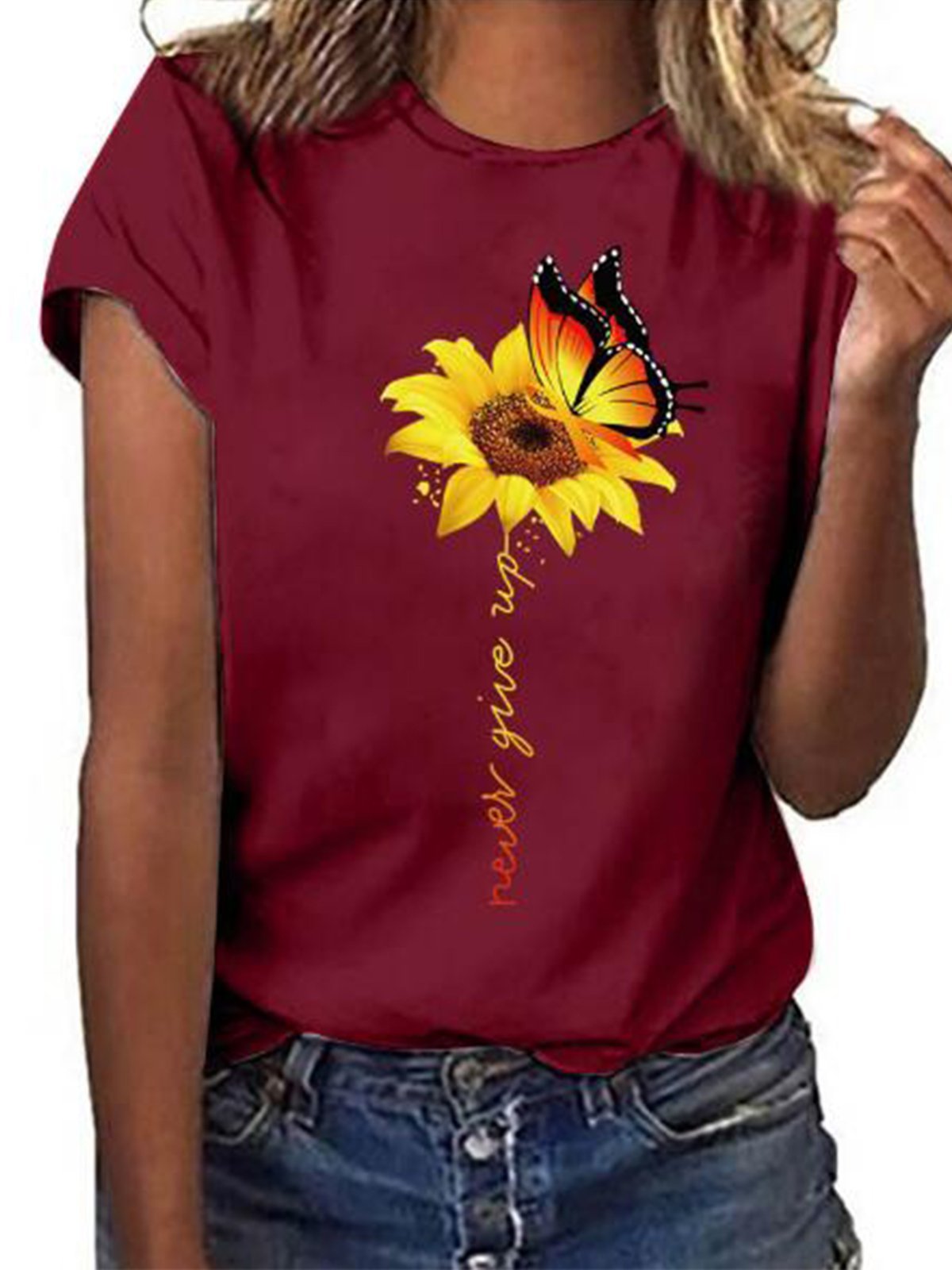 Women's Butterfly Sunflower Graphic Round Neck T-shirt