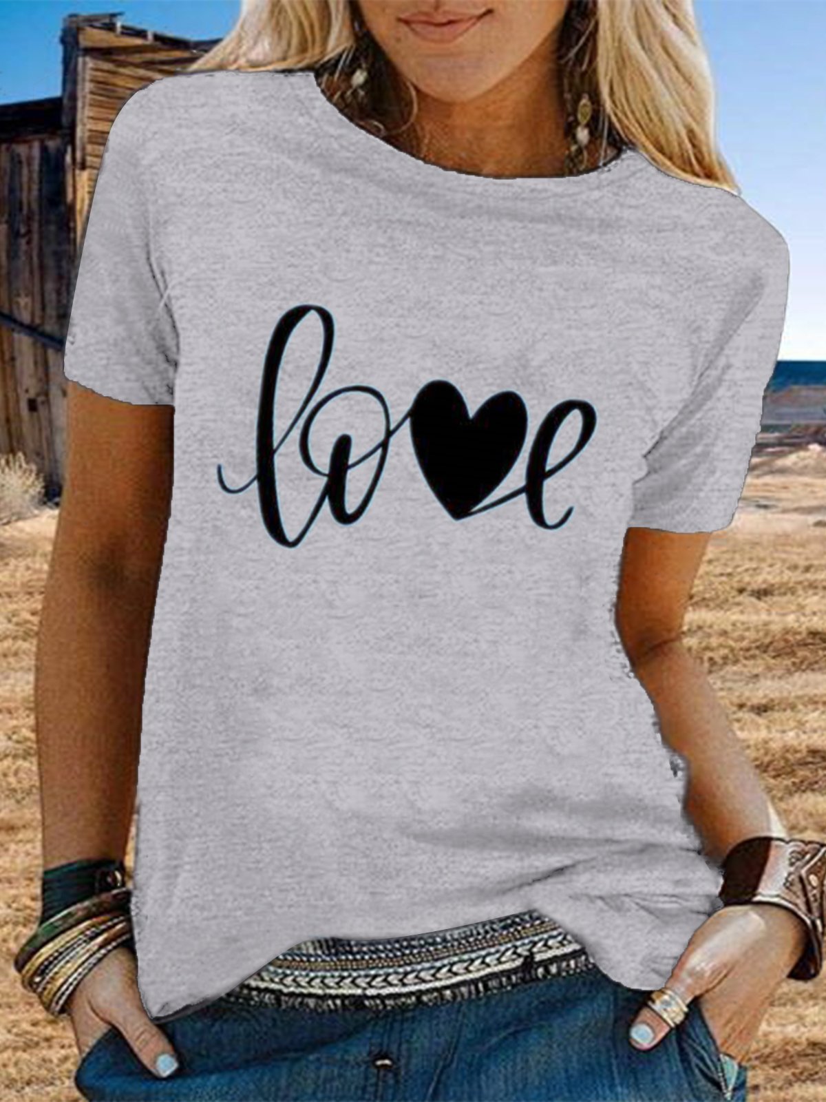 Vintage Short Sleeve Love Letter Printed Crew Neck Casual Top
