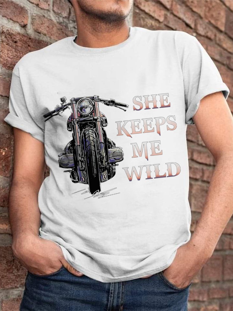 Couple Motorcycle She Keeps Me Wild Graphic Men's Short Sleeve T-shirt