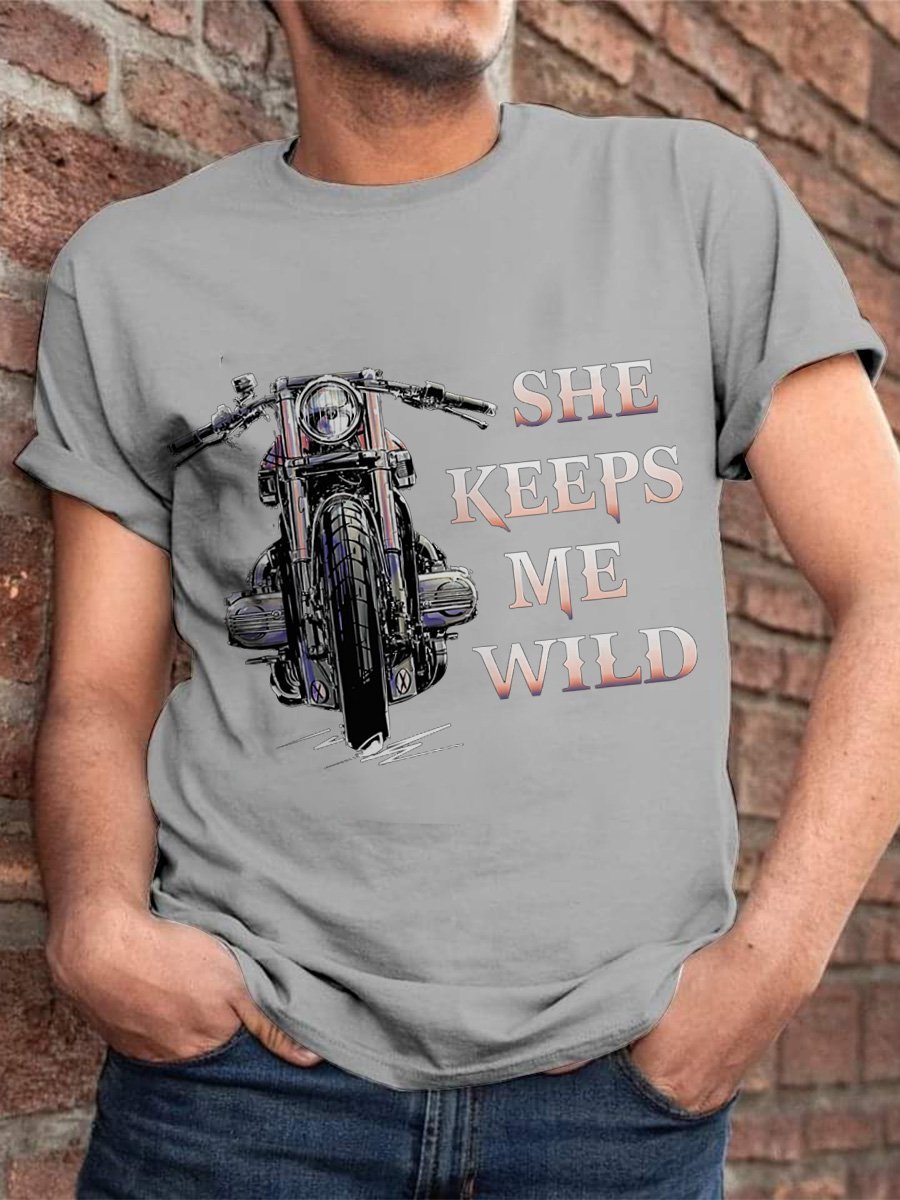 Couple Motorcycle She Keeps Me Wild Graphic Men's Short Sleeve T-shirt