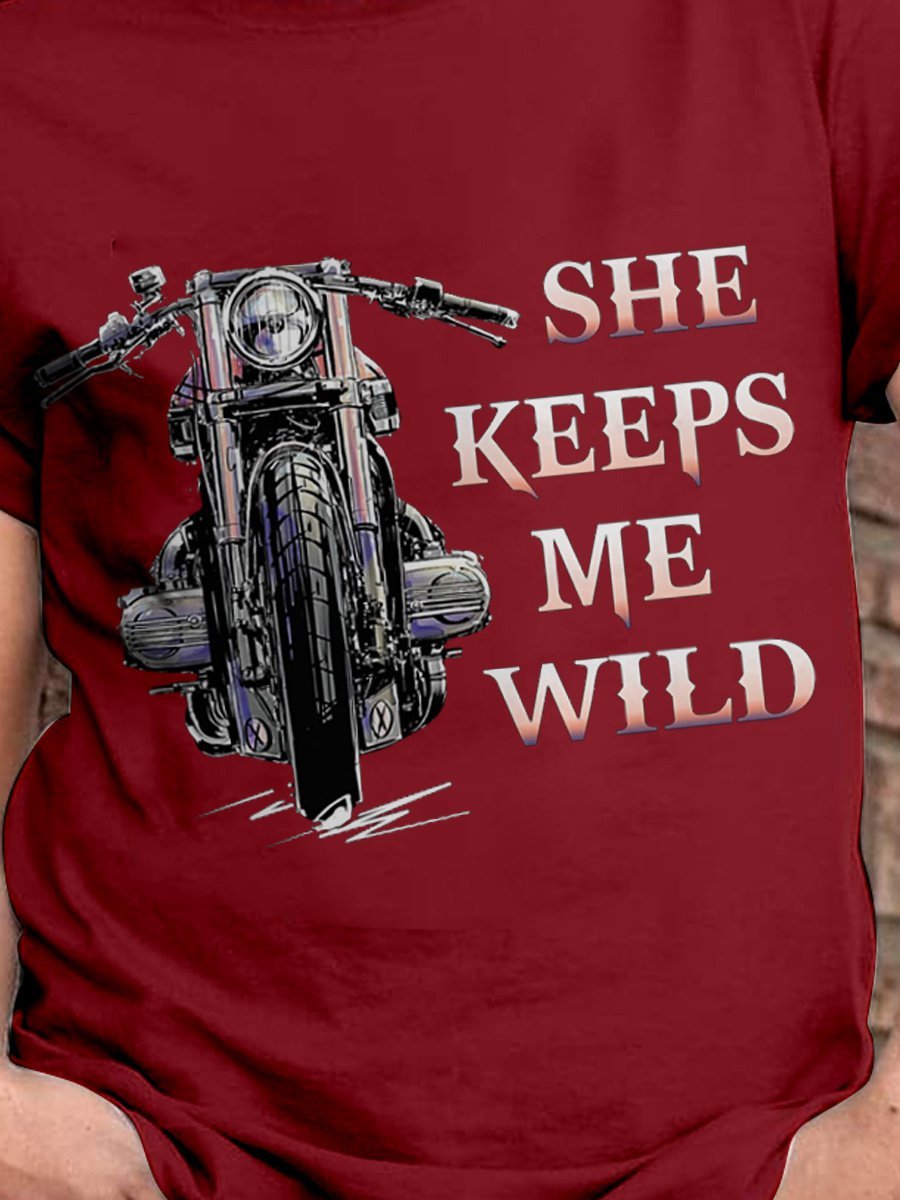 Couple Motorcycle She Keeps Me Wild Graphic Men's Short Sleeve T-shirt