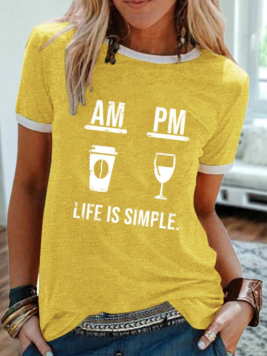 Coffee And Wine Graphic Round Neck Short Sleeve Tee