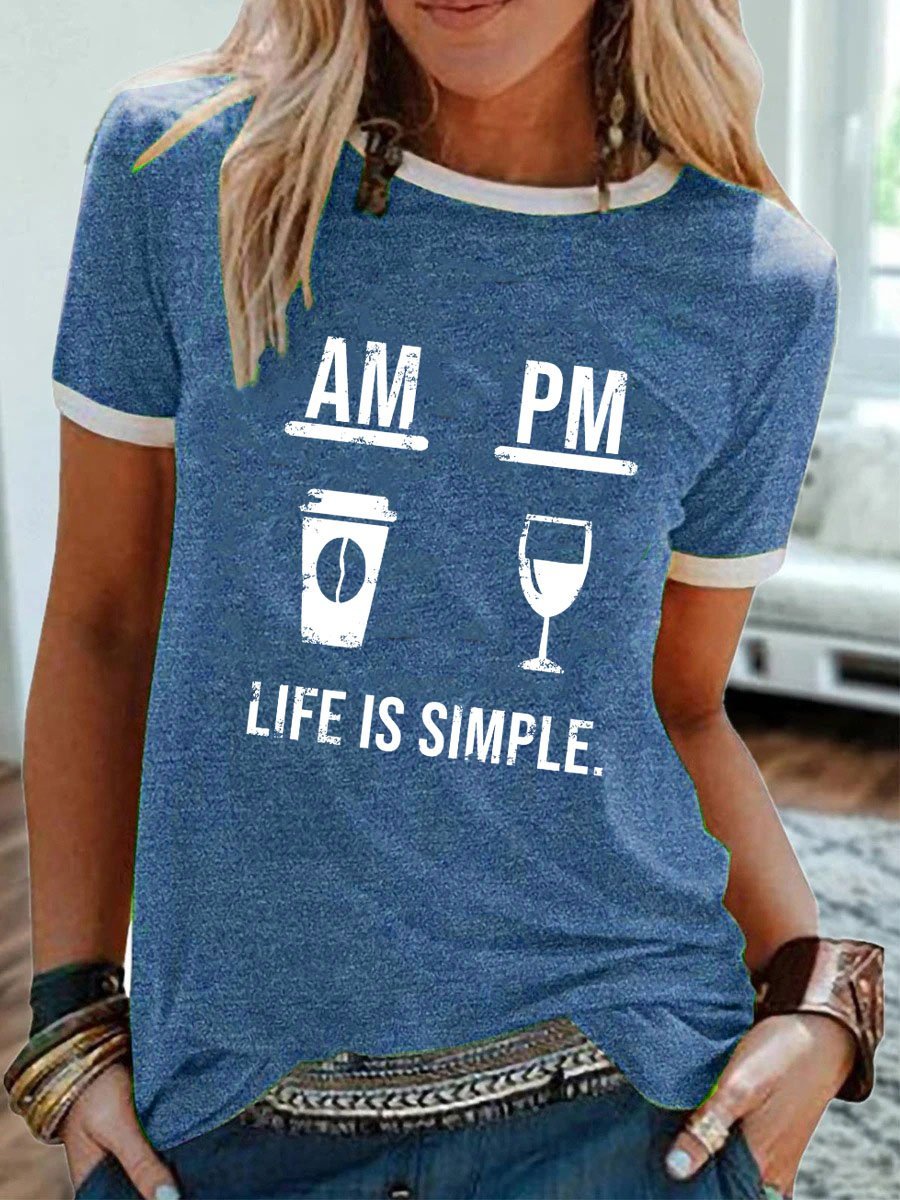 Coffee And Wine Graphic Round Neck Short Sleeve Tee