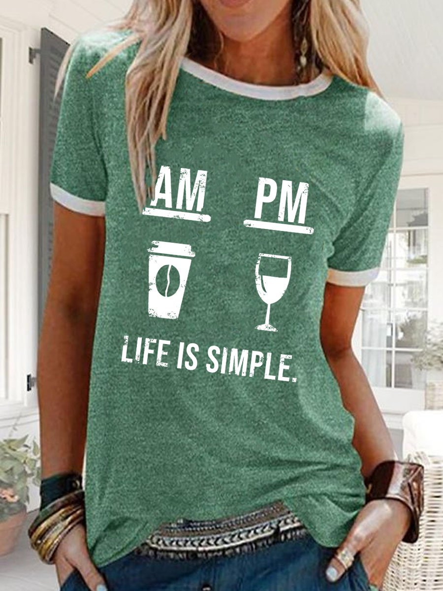 Coffee And Wine Graphic Round Neck Short Sleeve Tee