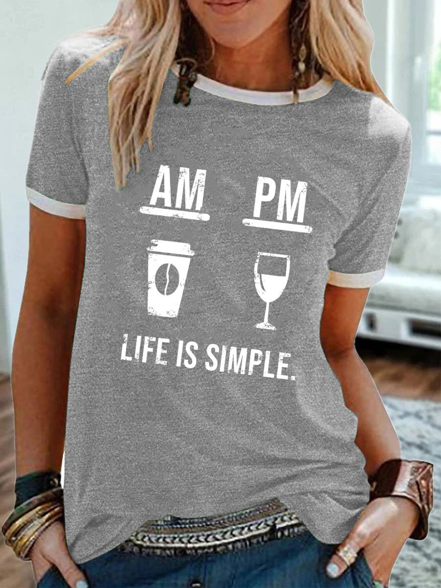 Coffee And Wine Graphic Round Neck Short Sleeve Tee