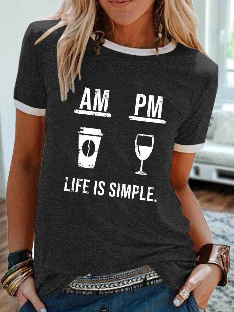 Coffee And Wine Graphic Round Neck Short Sleeve Tee