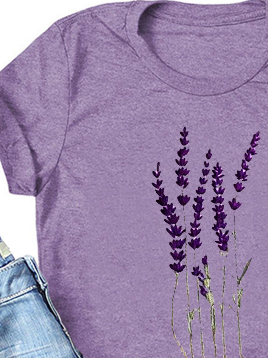 LAVENDER Floral Short Sleeve Casual Woman's Purple T-Shirts Tops