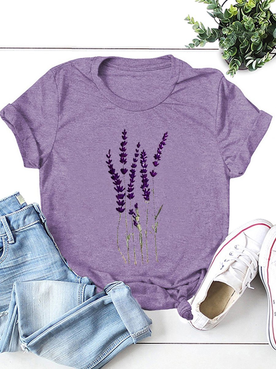 LAVENDER Floral Short Sleeve Casual Woman's Purple T-Shirts Tops