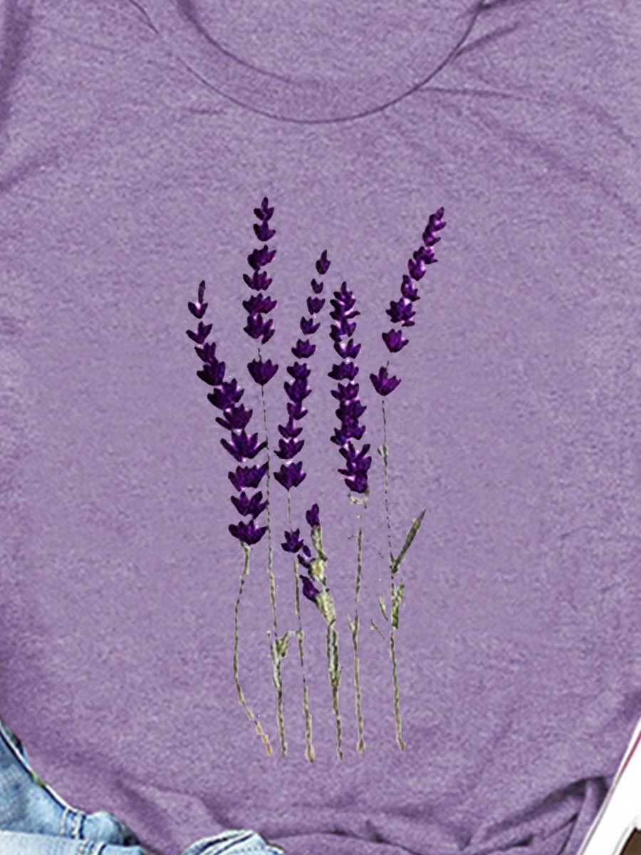 LAVENDER Floral Short Sleeve Casual Woman's Purple T-Shirts Tops