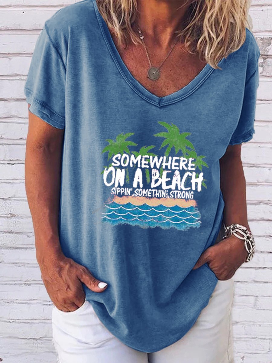 Somewhere On A Beach V Neck Casual Tee Summer Top