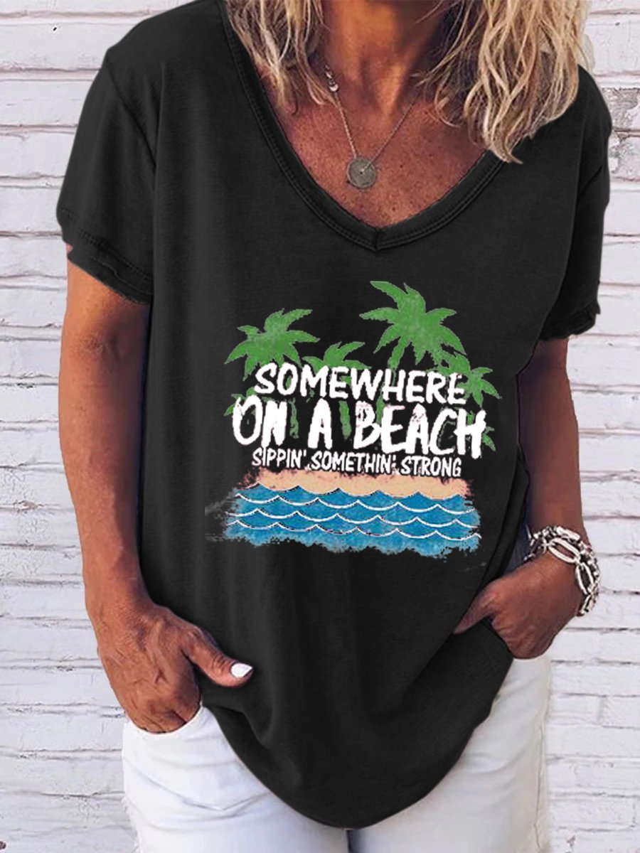 Somewhere On A Beach V Neck Casual Tee Summer Top