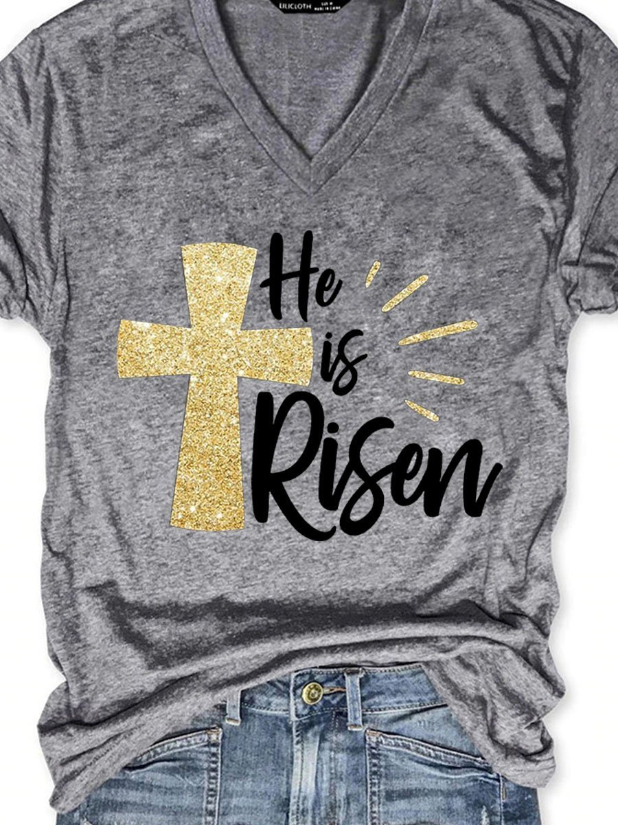 He Is Risen Easter Graphic Short Sleeve V-Neck Loose Tee