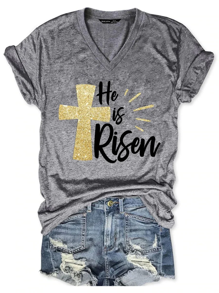 He Is Risen Easter Graphic Short Sleeve V-Neck Loose Tee