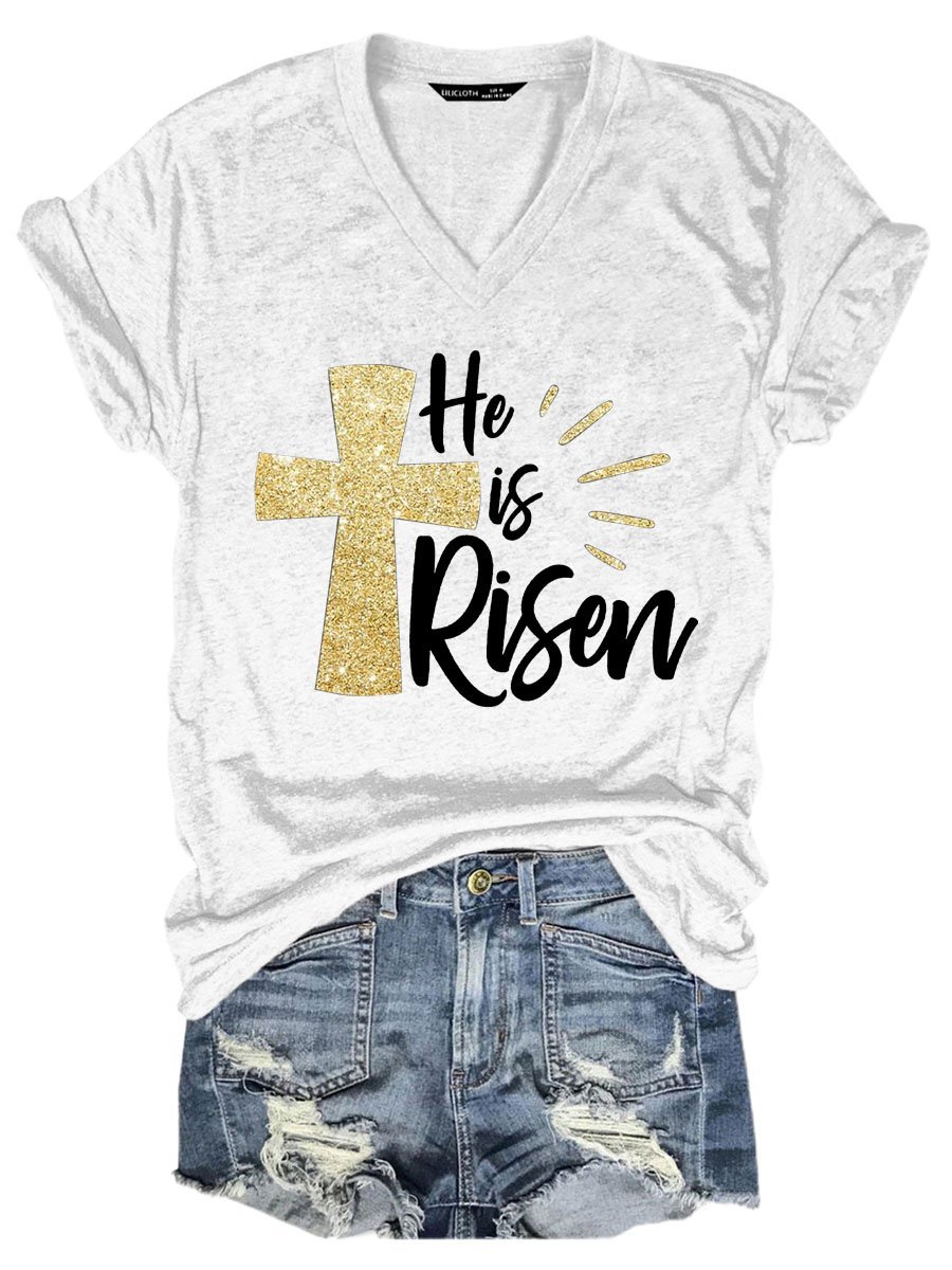 He Is Risen Easter Graphic Short Sleeve V-Neck Loose Tee