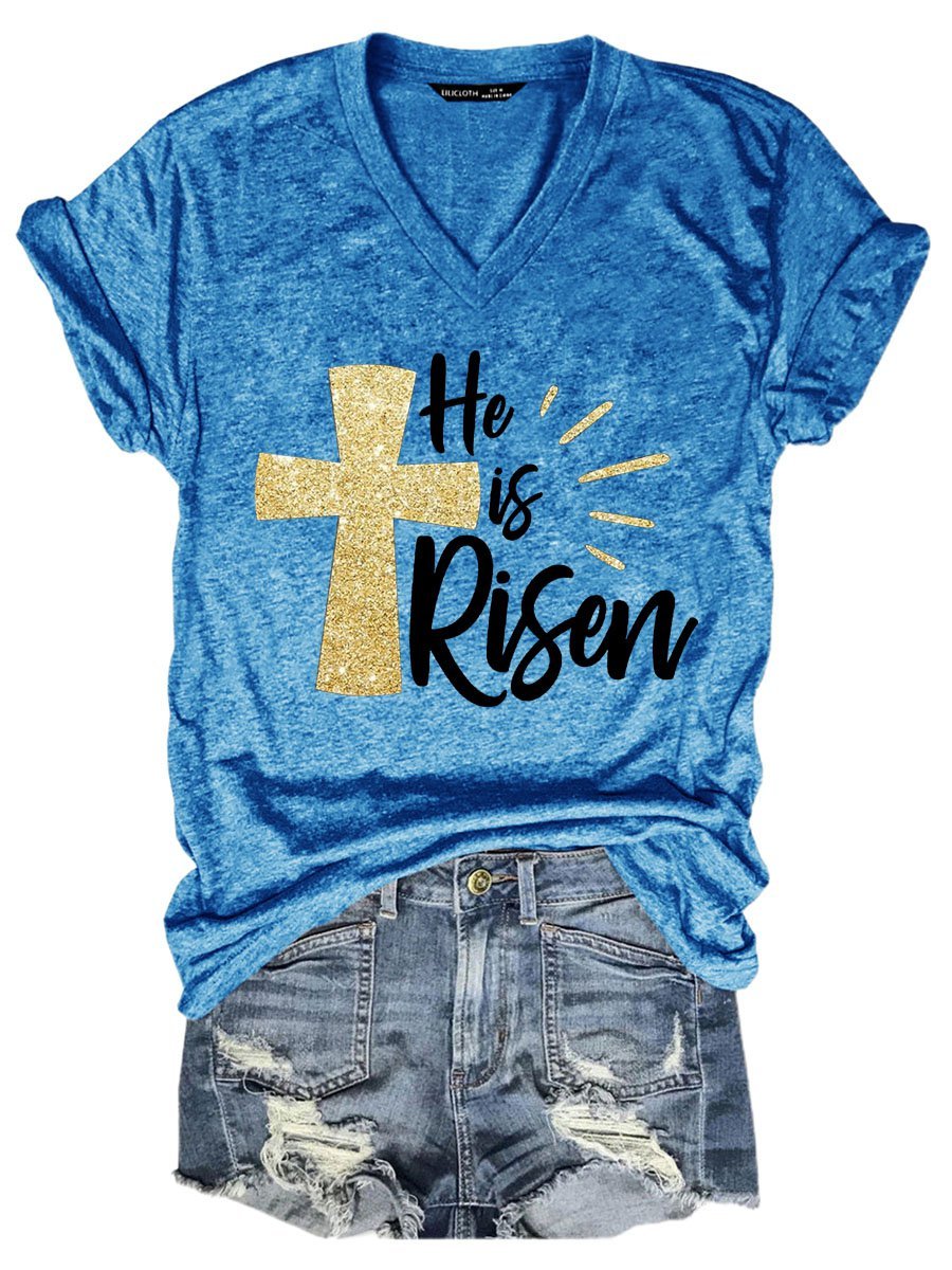 He Is Risen Easter Graphic Short Sleeve V-Neck Loose Tee