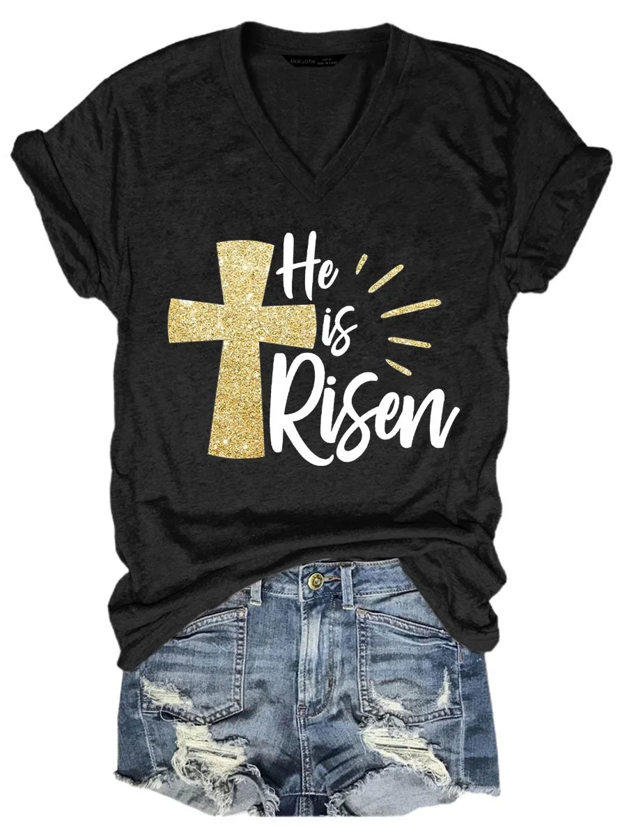 He Is Risen Easter Graphic Short Sleeve V-Neck Loose Tee