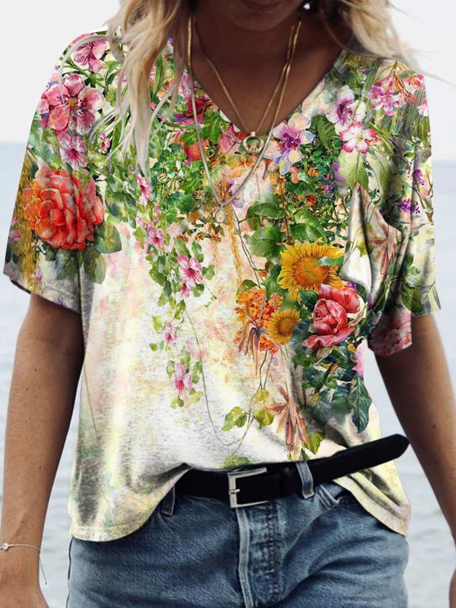Abstract Colorful Flowers Graphic Short Sleeve V-Neck Loose Tee