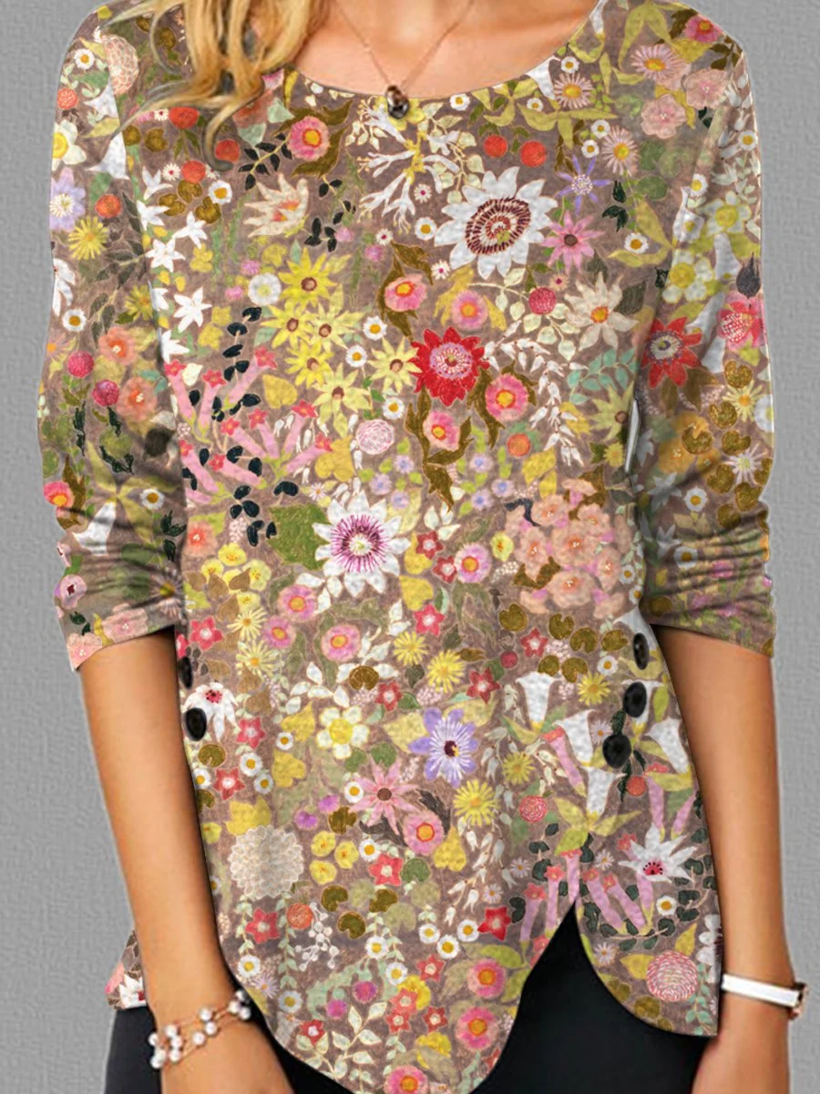 Floral Graphic Long Sleeve Round Neck Casual Top