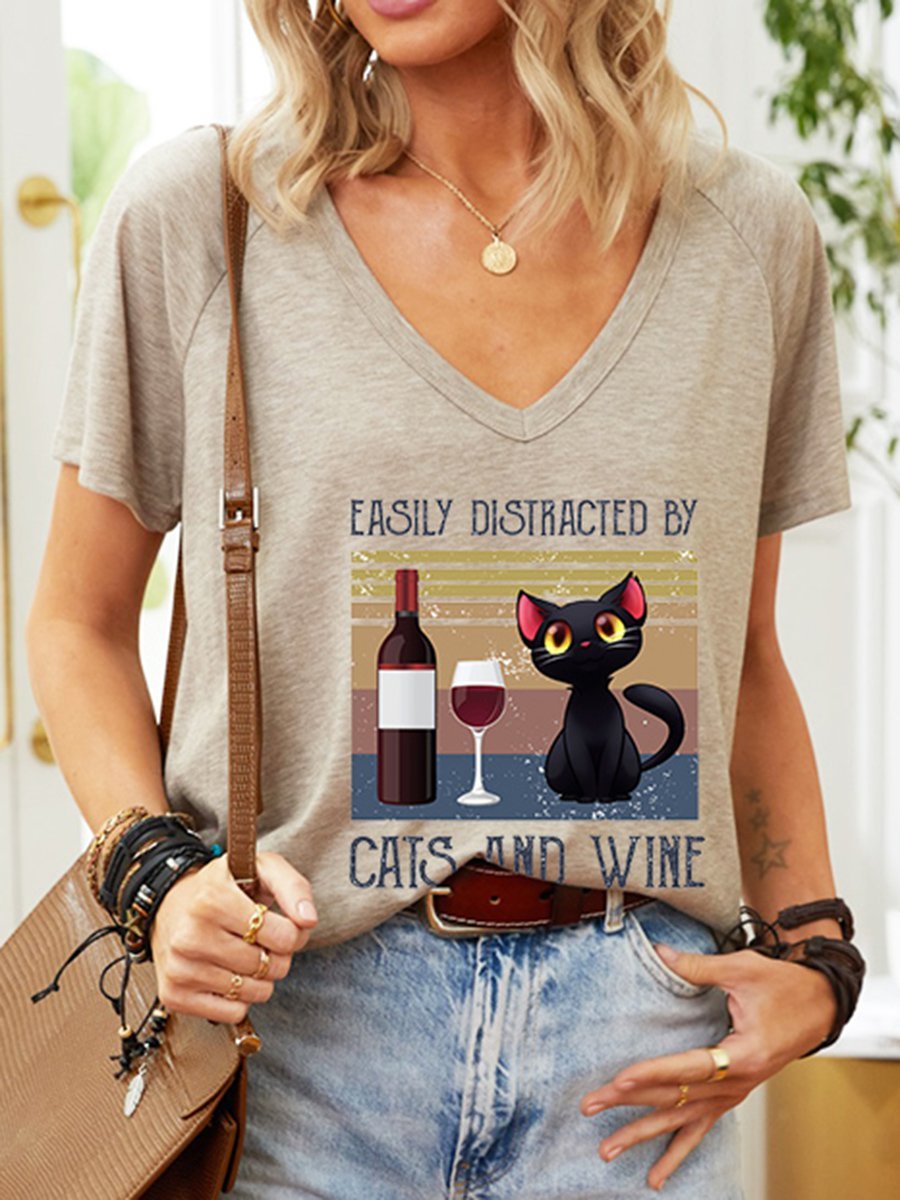 Easily Distracted By Cats And Wine Vintage V-neck Graphic Tee