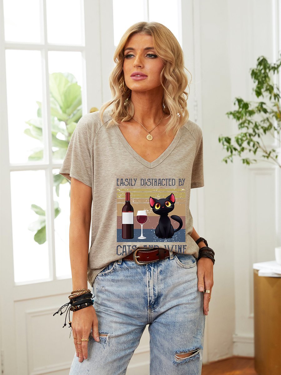 Easily Distracted By Cats And Wine Vintage V-neck Graphic Tee