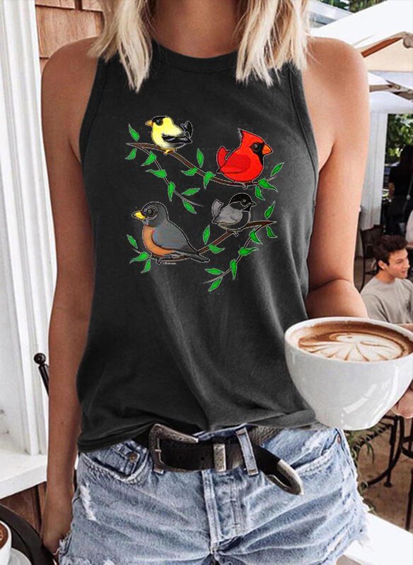 Birds Sleeveless Crew Neck Casual Women Tanks & Camis