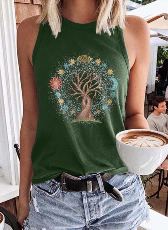 Tree Sun And Moon With Stars Graphic Tank Top