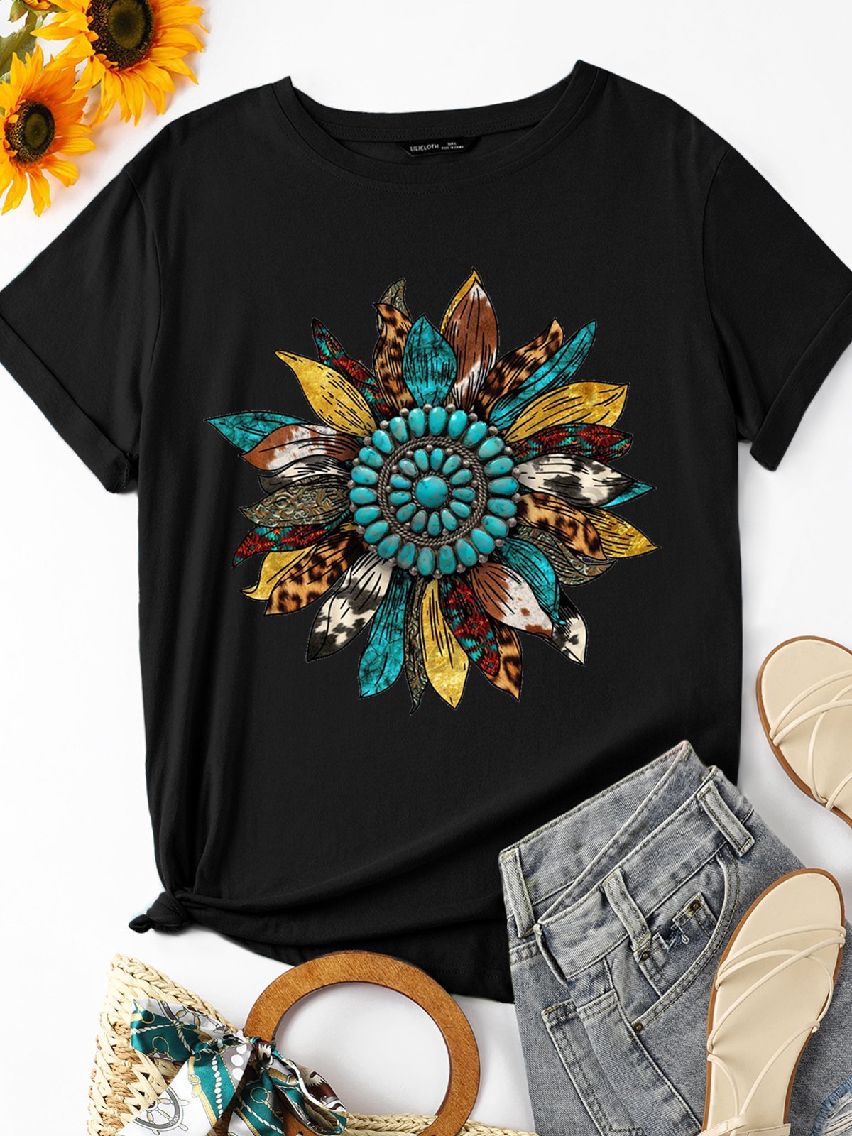 Western Leopard Sunflower Casual Cotton-Blend T-shirt