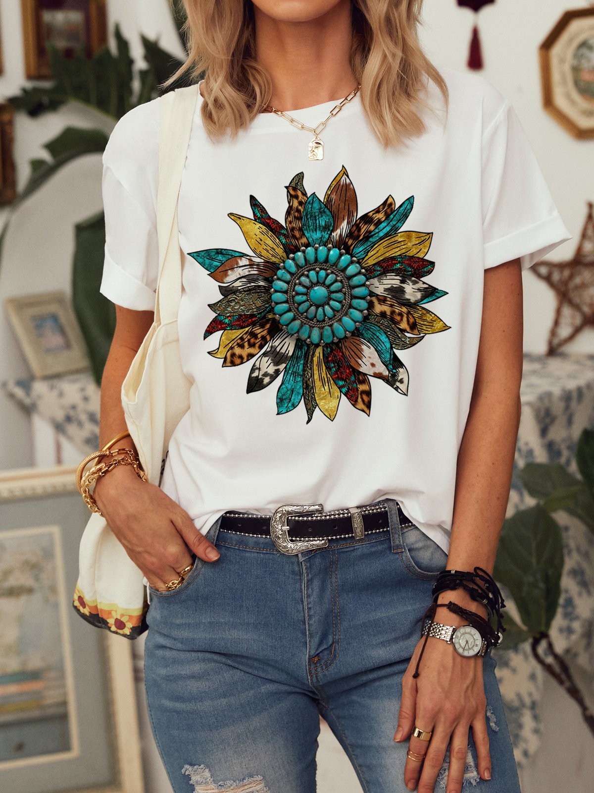 Western Leopard Sunflower Casual Cotton-Blend T-shirt