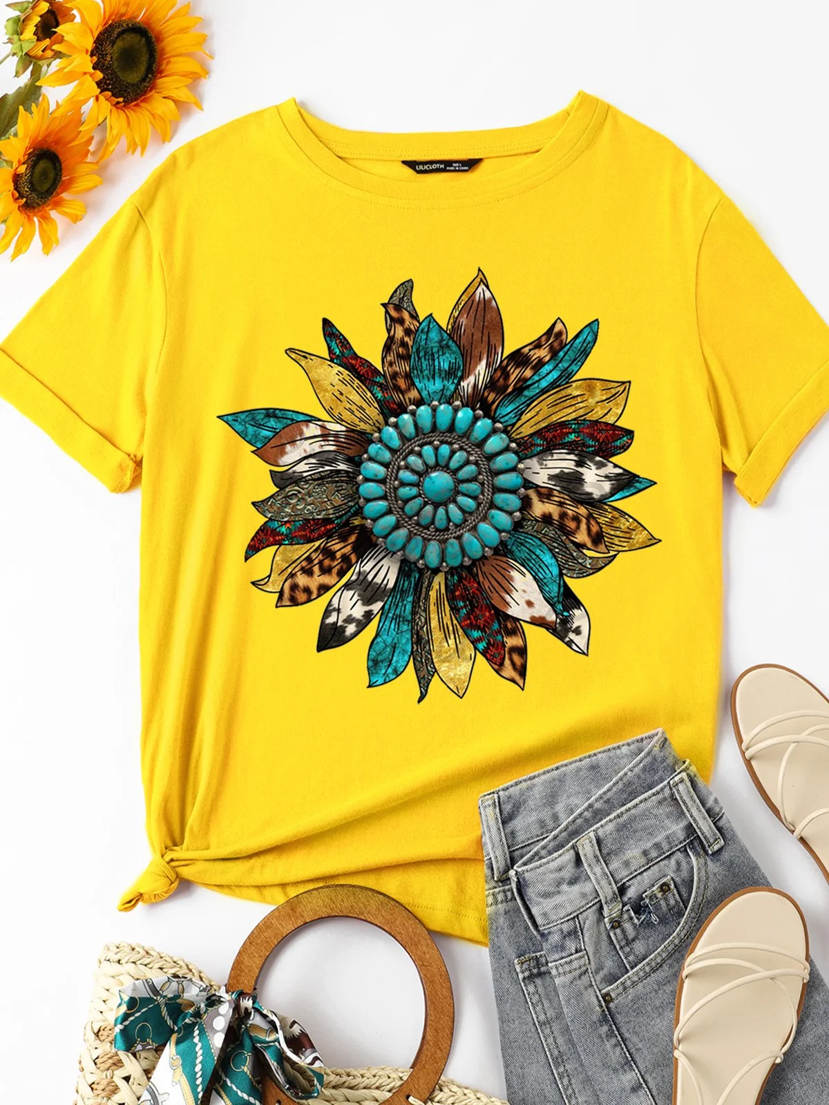 Western Leopard Sunflower Casual Cotton-Blend T-shirt