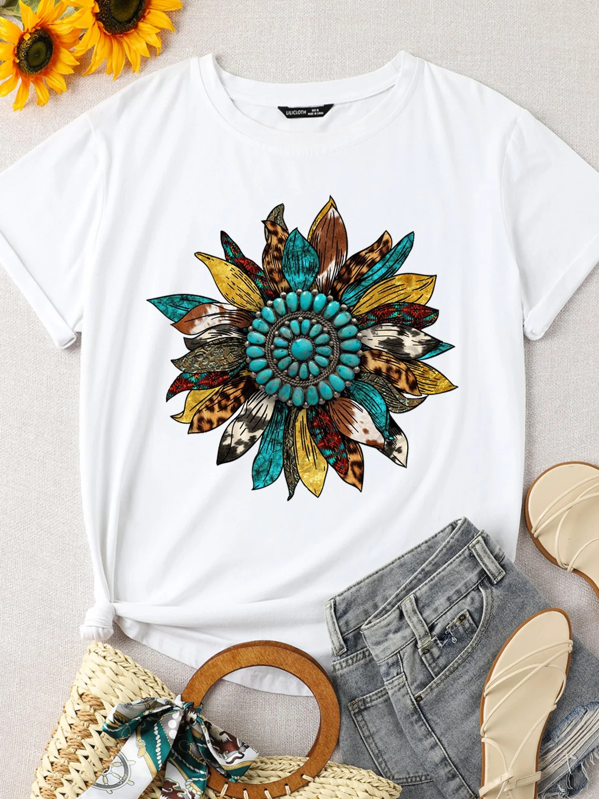 Western Leopard Sunflower Casual Cotton-Blend T-shirt