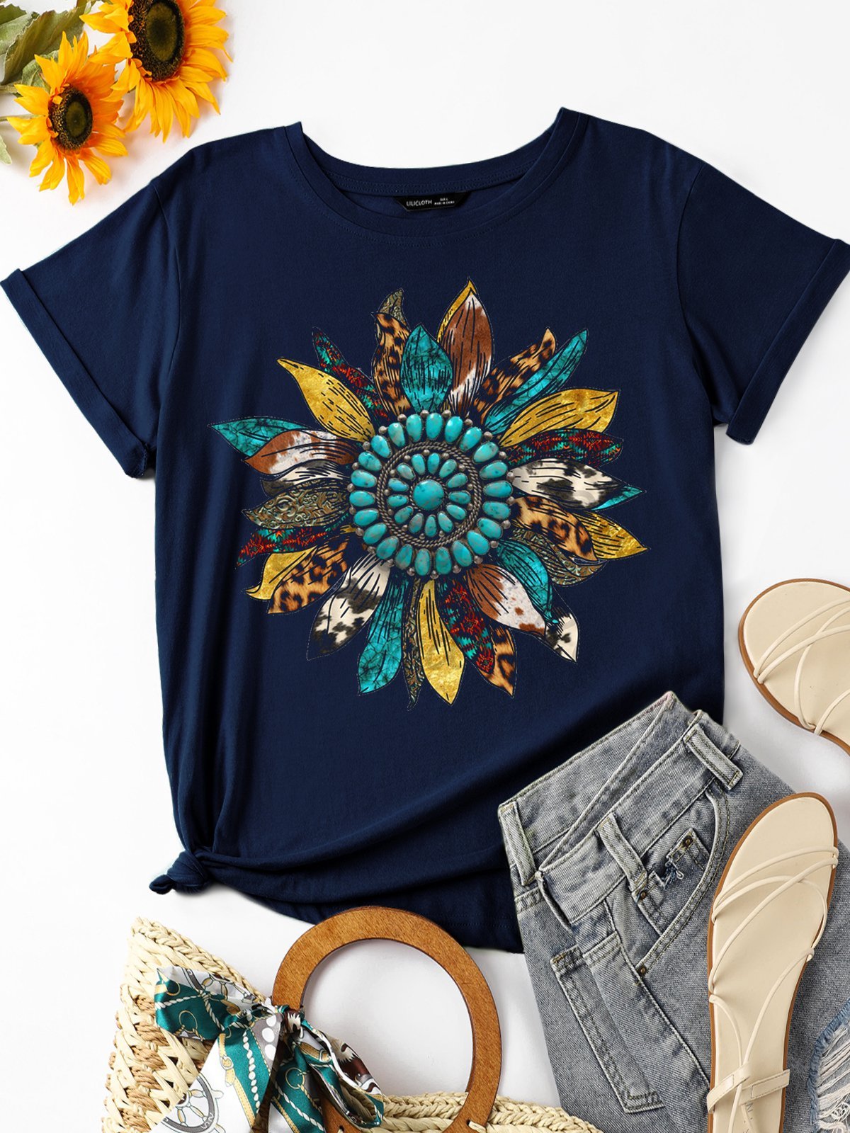 Western Leopard Sunflower Casual Cotton-Blend T-shirt