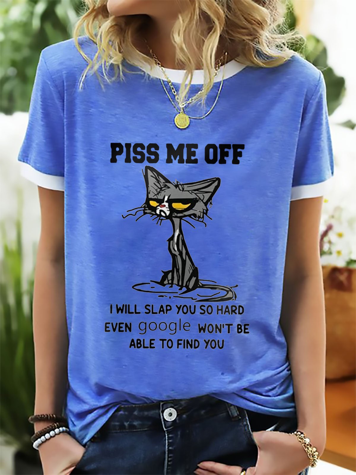 Black Cat Piss Me Off I Will Slap You So Hard Funny Graphic Ringer Tee