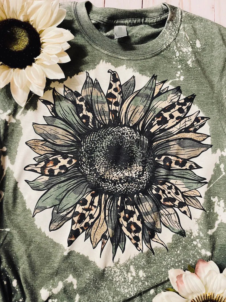 Casual and simple sunflower gradient color printing round neck short-sleeved polyester cotton T-shirt