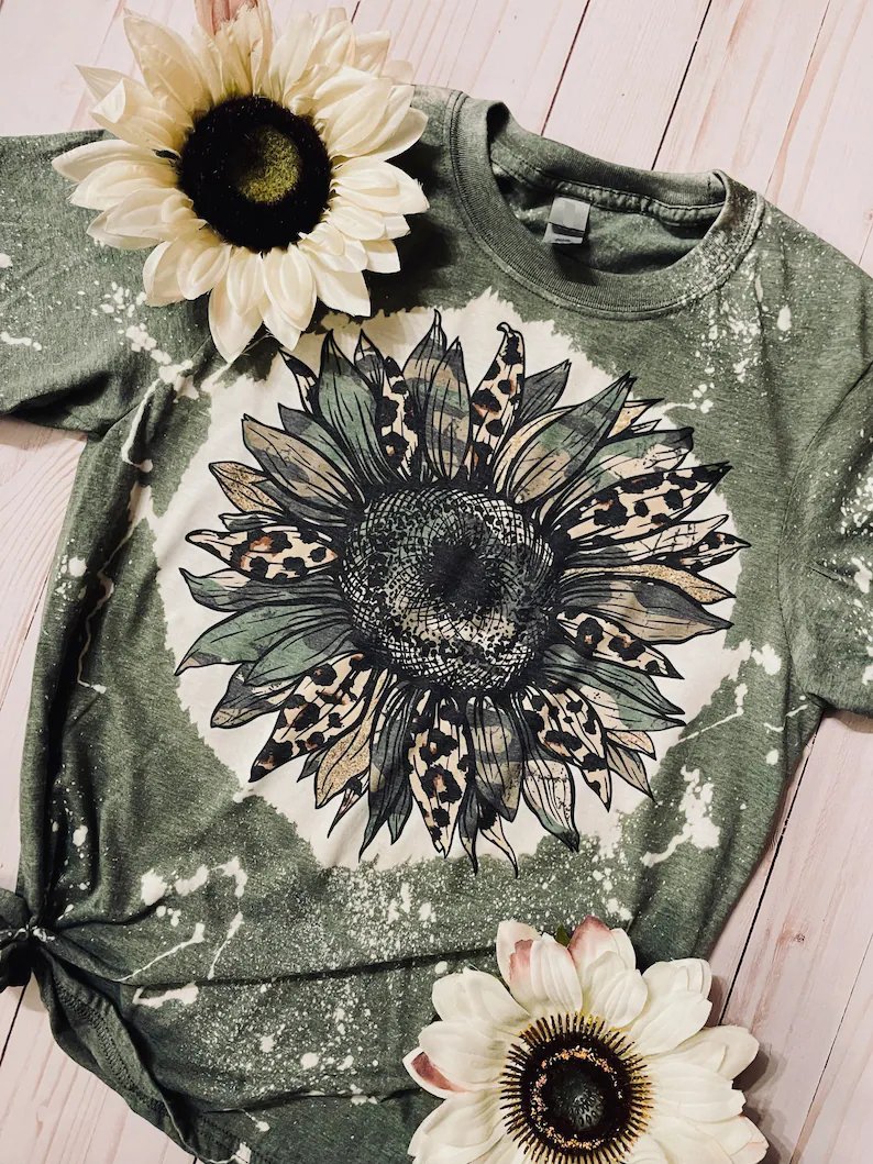 Casual and simple sunflower gradient color printing round neck short-sleeved polyester cotton T-shirt