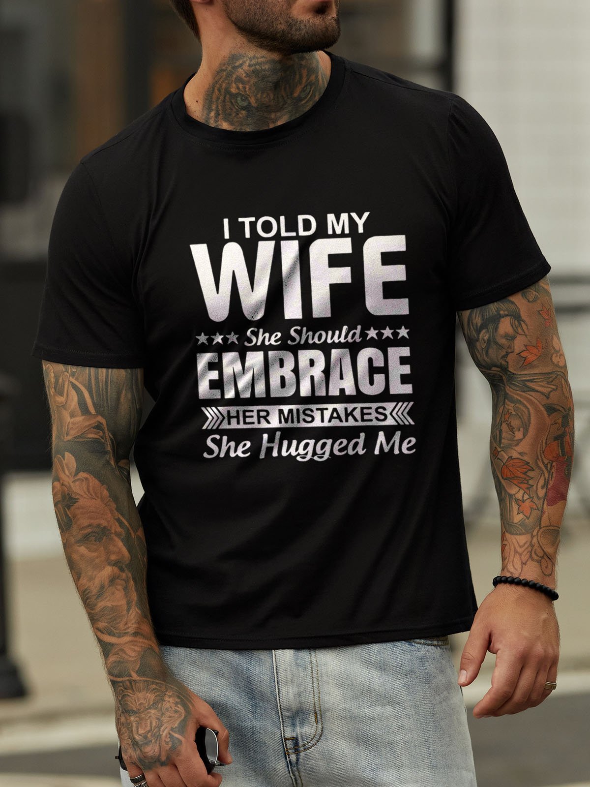 I Told My Wife She Should Embrace Her Mistakes She Hugged Me Cotton Blends Casual Short Sleeve Letter Shirt & Top