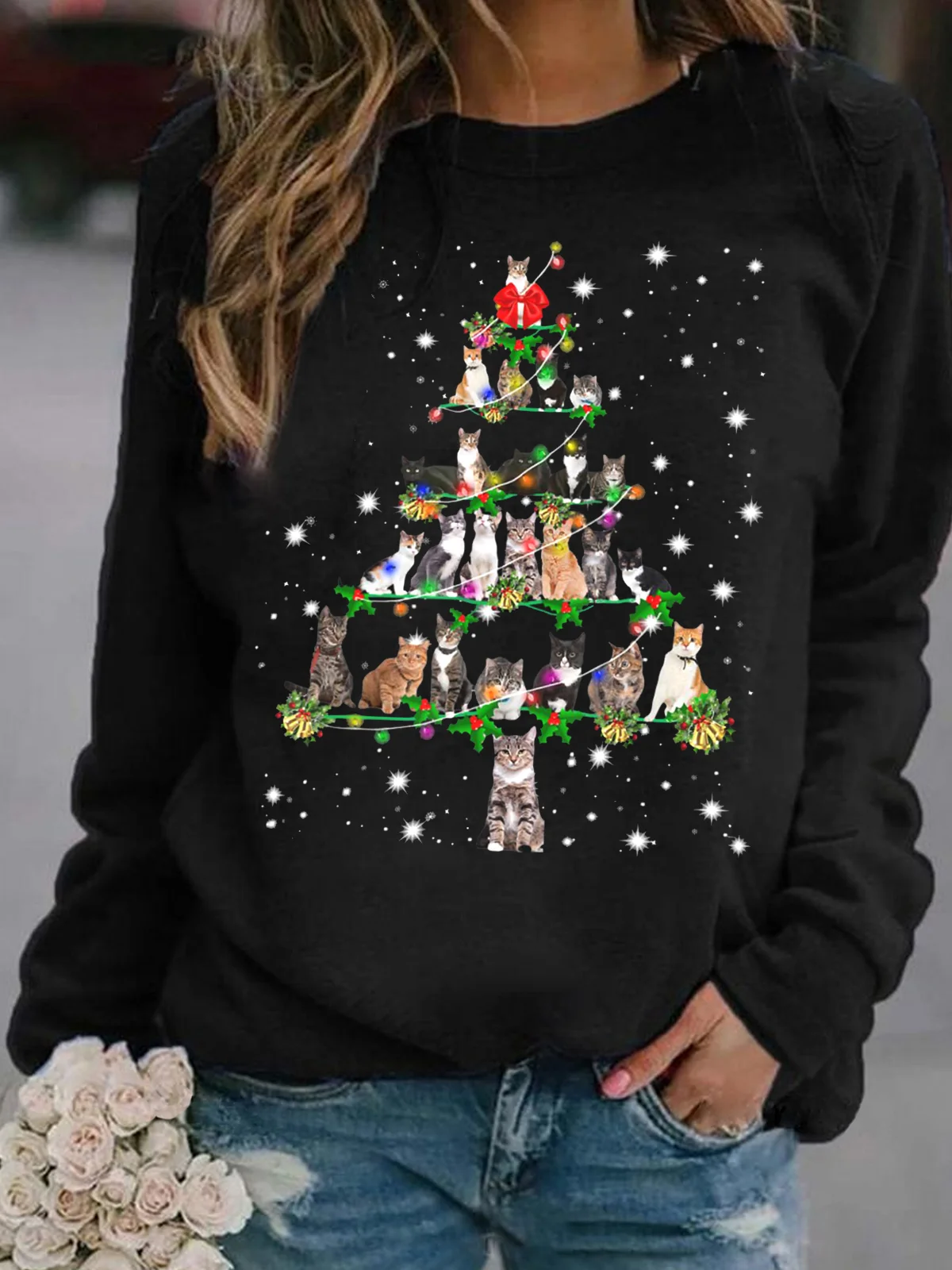 Women's Funny Cats Christmas Tree Casual Sweatshirt