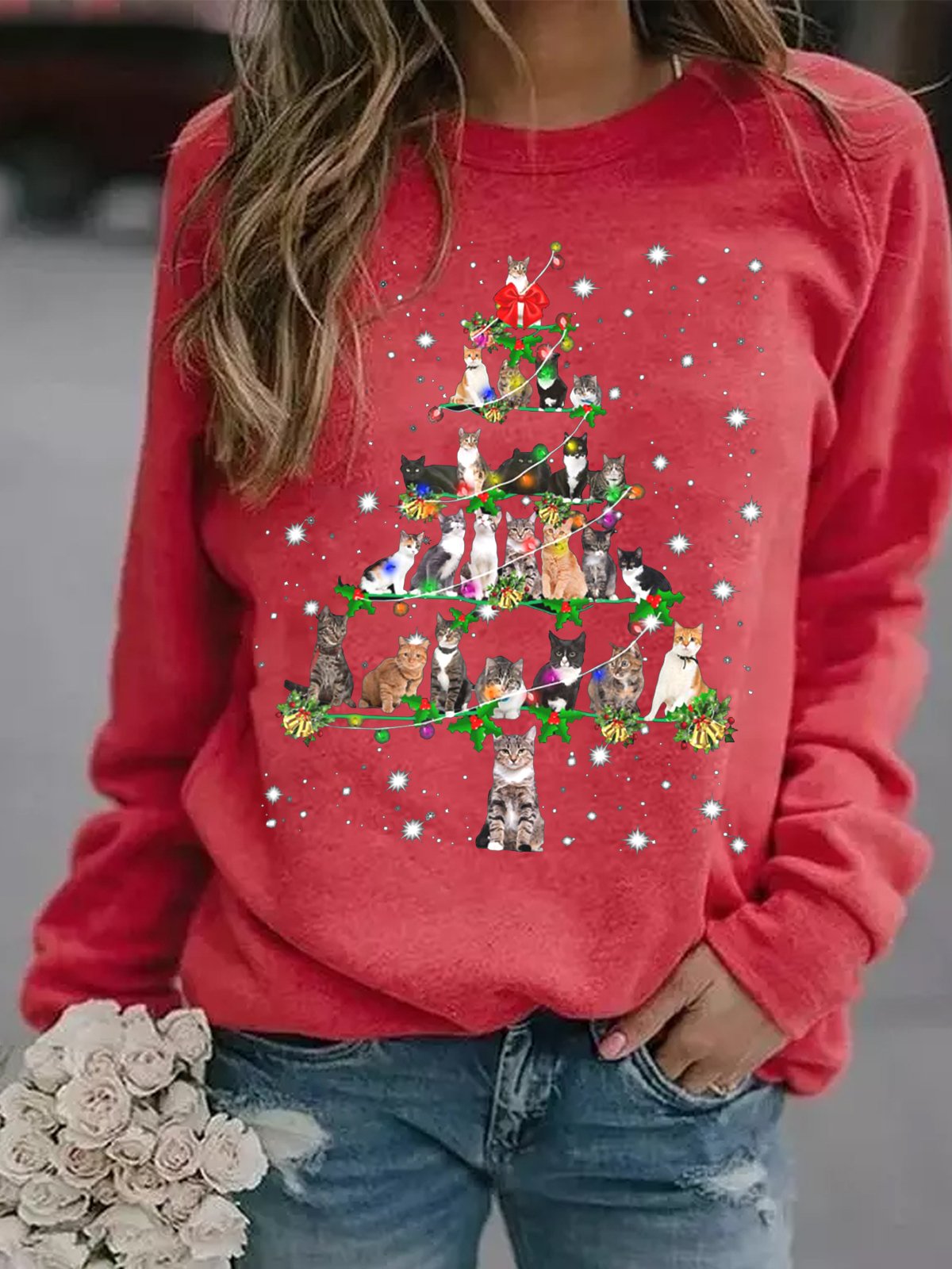 Women's Funny Cats Christmas Tree Casual Sweatshirt