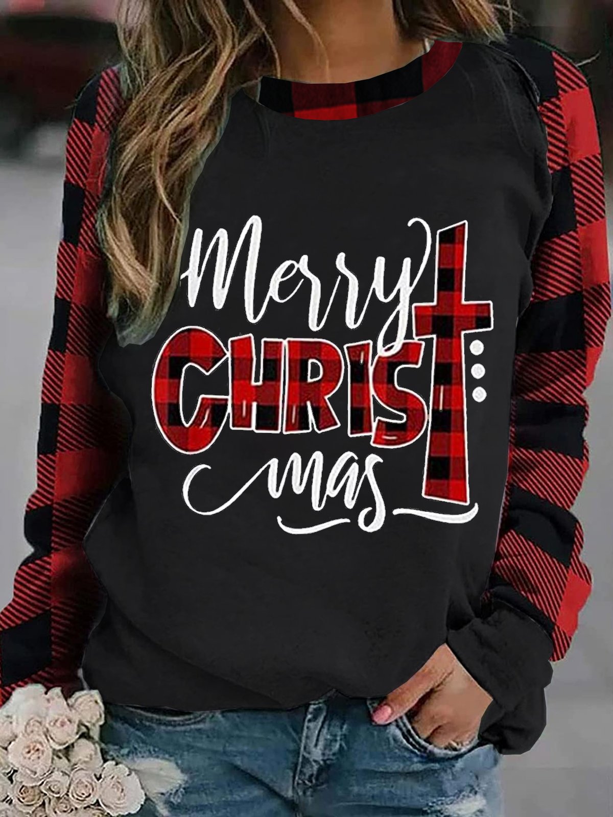 Christmas  Cotton Blends Grid Casual Sweatshirts