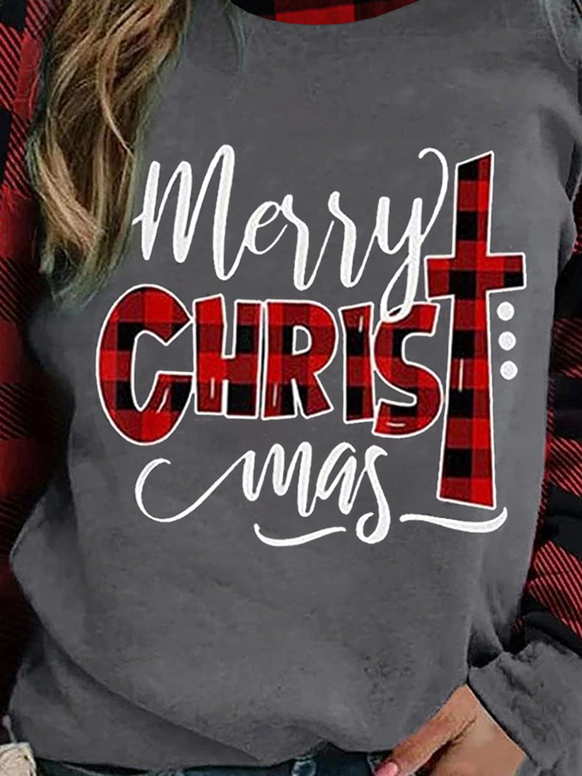 Christmas  Cotton Blends Grid Casual Sweatshirts