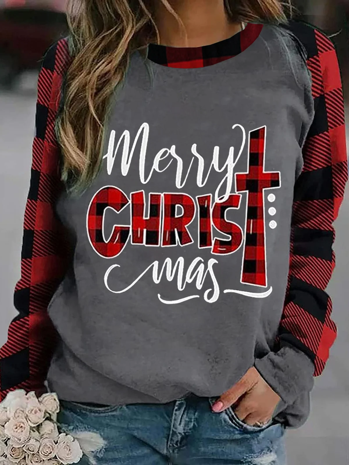 Christmas  Cotton Blends Grid Casual Sweatshirts