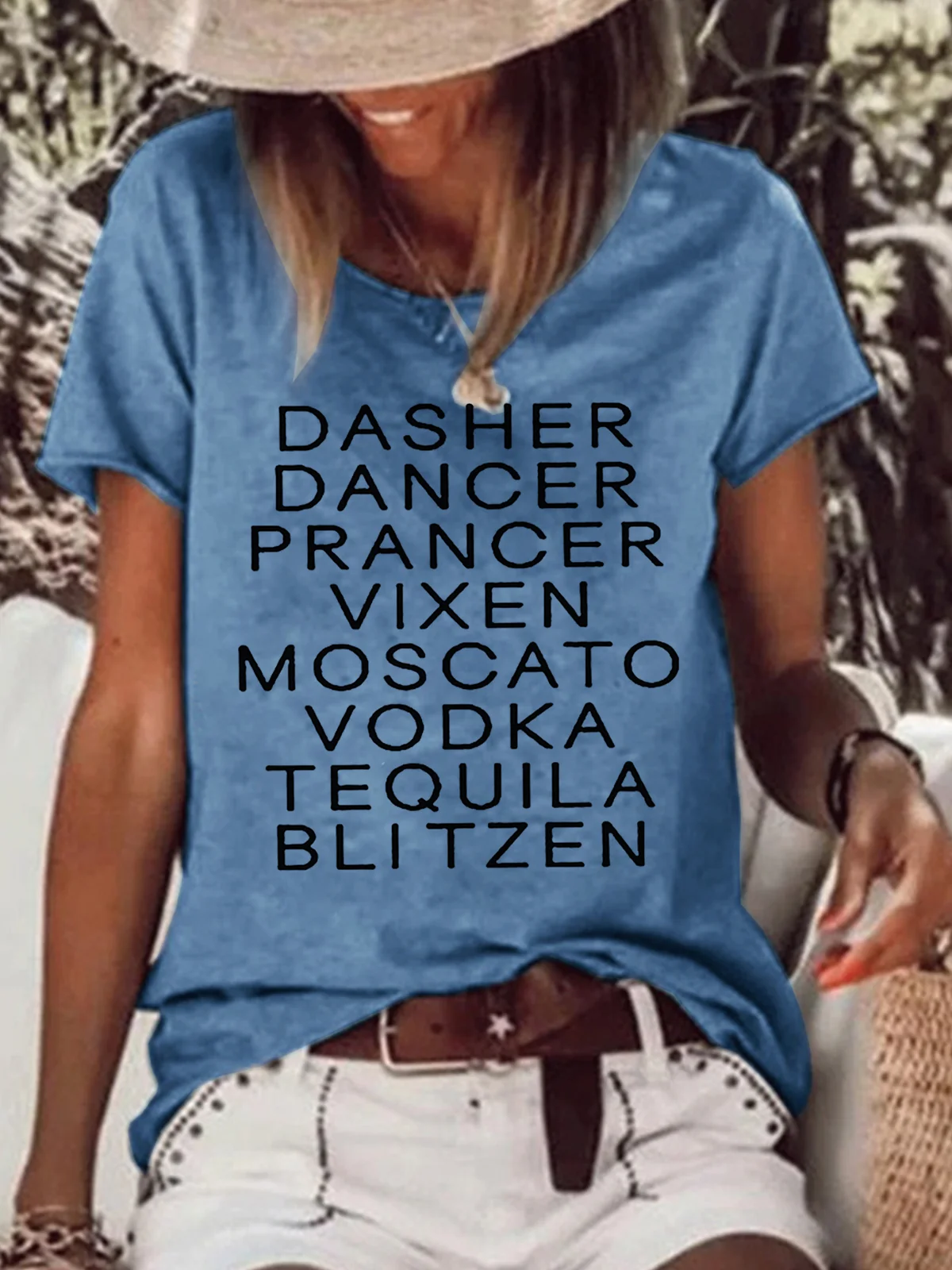 Women's Dasher Dancer Women's Funny Drinking Christmas Casual T-shirt