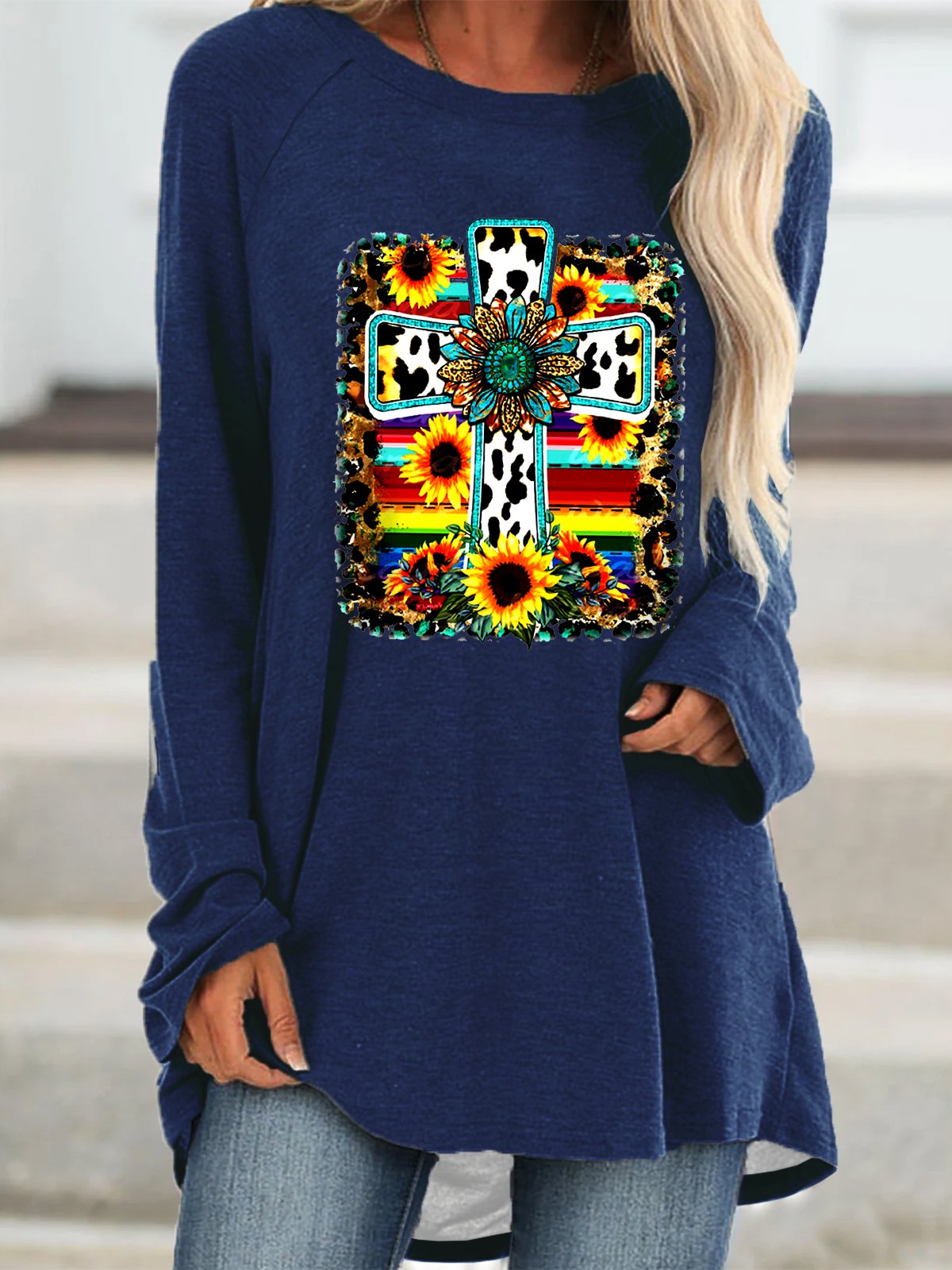 Christ Cross Floral Casual Crew Neck Sweatshirts