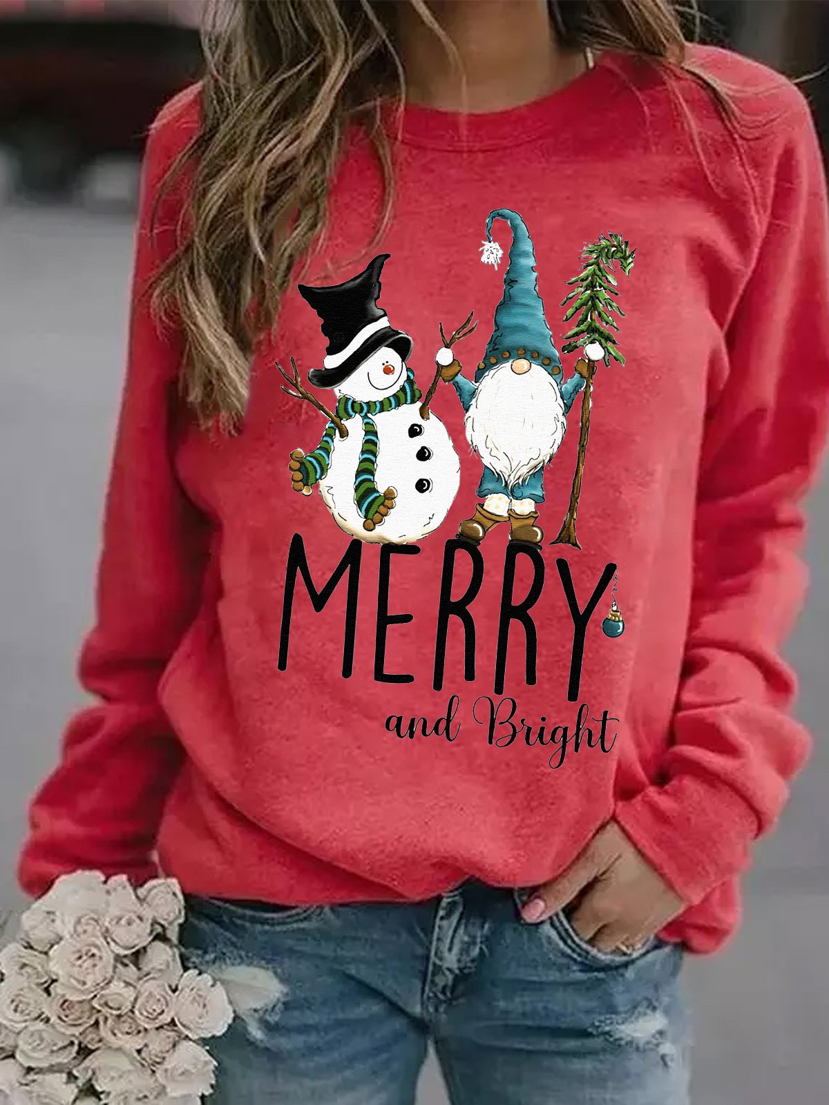 Merry And Bright Xmas Christmas Gift Gnome Snowman Casual Sweatshirt