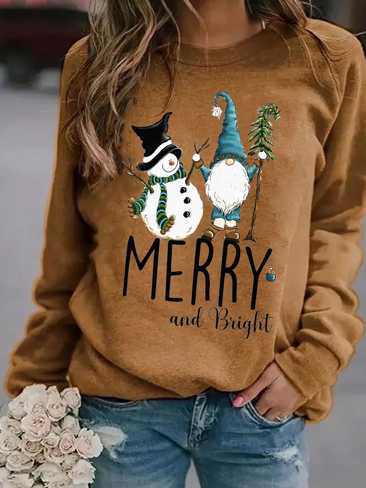 Merry And Bright Xmas Christmas Gift Gnome Snowman Casual Sweatshirt