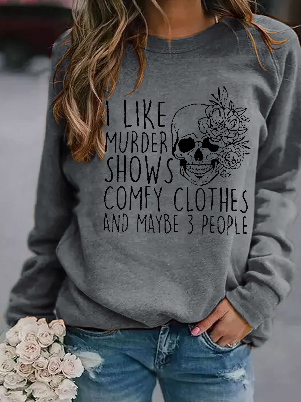 I Like Murder Shows Skull Funny Words Crew Neck Sweatshirt