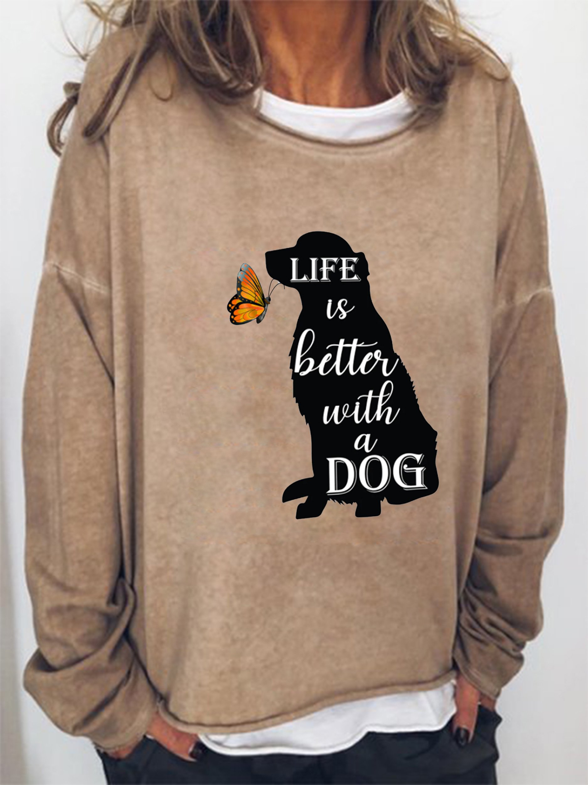 Dog and Butterfly Print Crew Neck Long Sleeve Sweatshirt